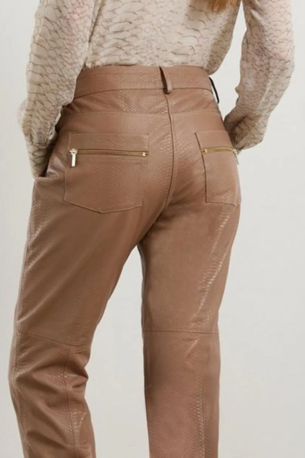 Snake Print Leather Slim Leg Low Rise Trousers