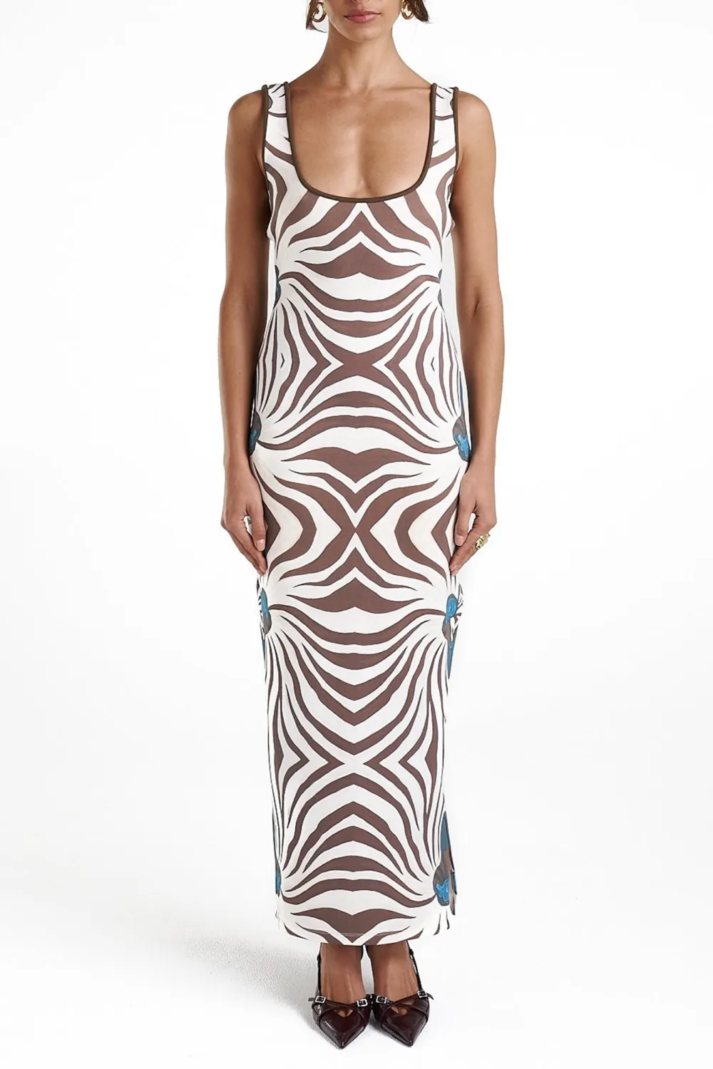 Brown Low-Neck Slimming Zebra-Print  Dresses