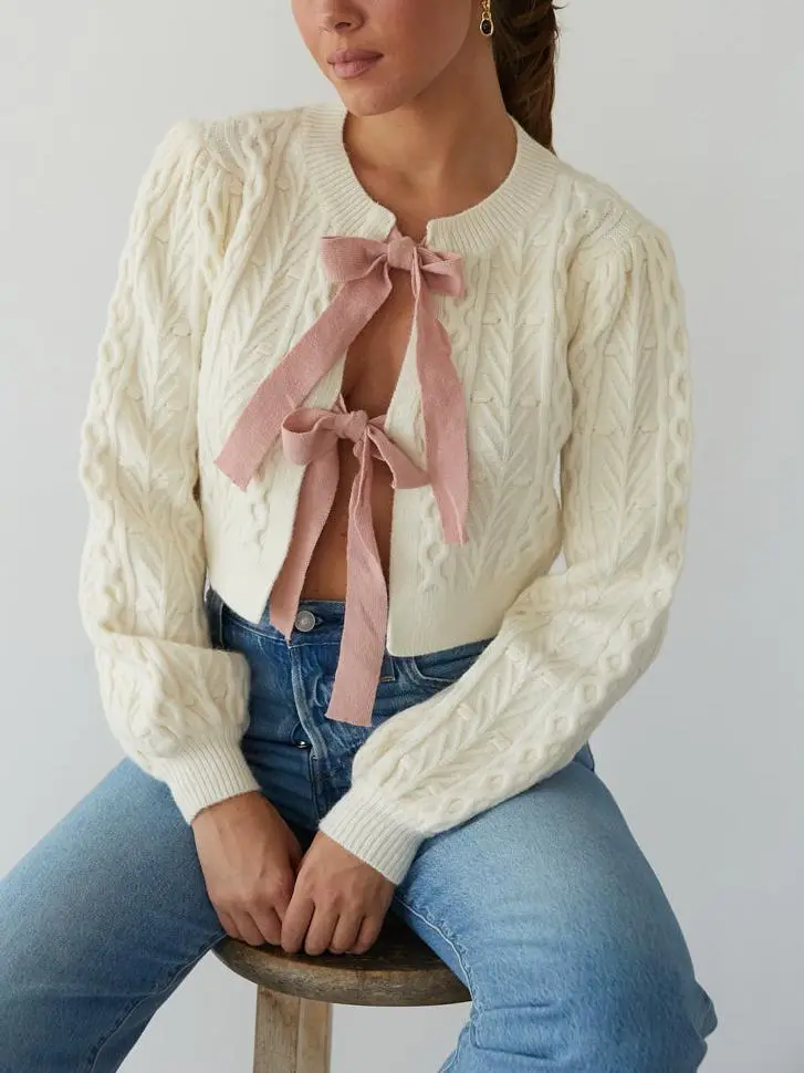 Florence Cable Knit Bow Cardigan