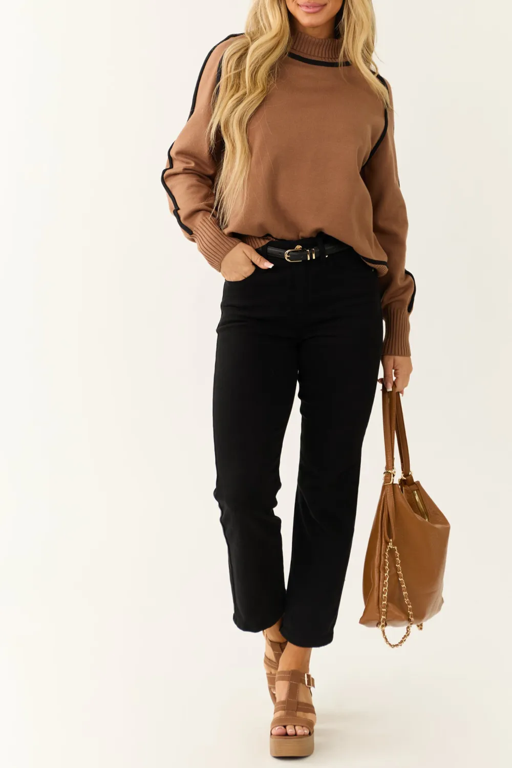 Cognac Contrast Trim Turtleneck Sweater