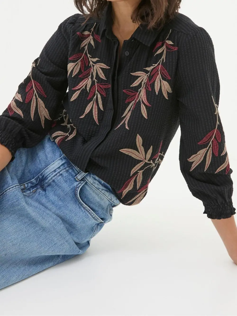 Black Plants Printed Button Shirt