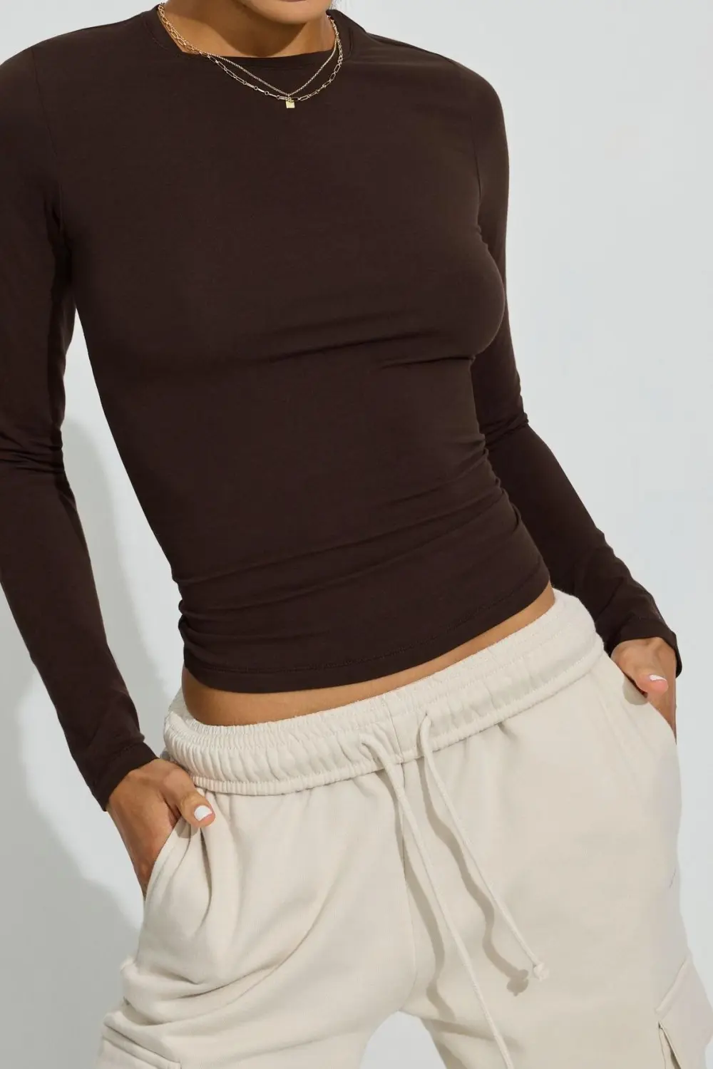 Brown Long Sleeve Slim Fit T-Shirt