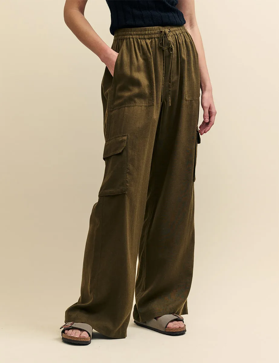 Khaki Green Linen-blend Wide Leg Utility Trousers
