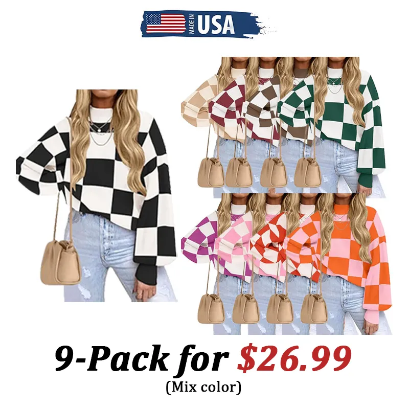 🎁Christmas Gifts🎁Fall Essential Warm Turtleneck Sweater - Plaid Ribbed Knit Loose Long Sleeve Pullover