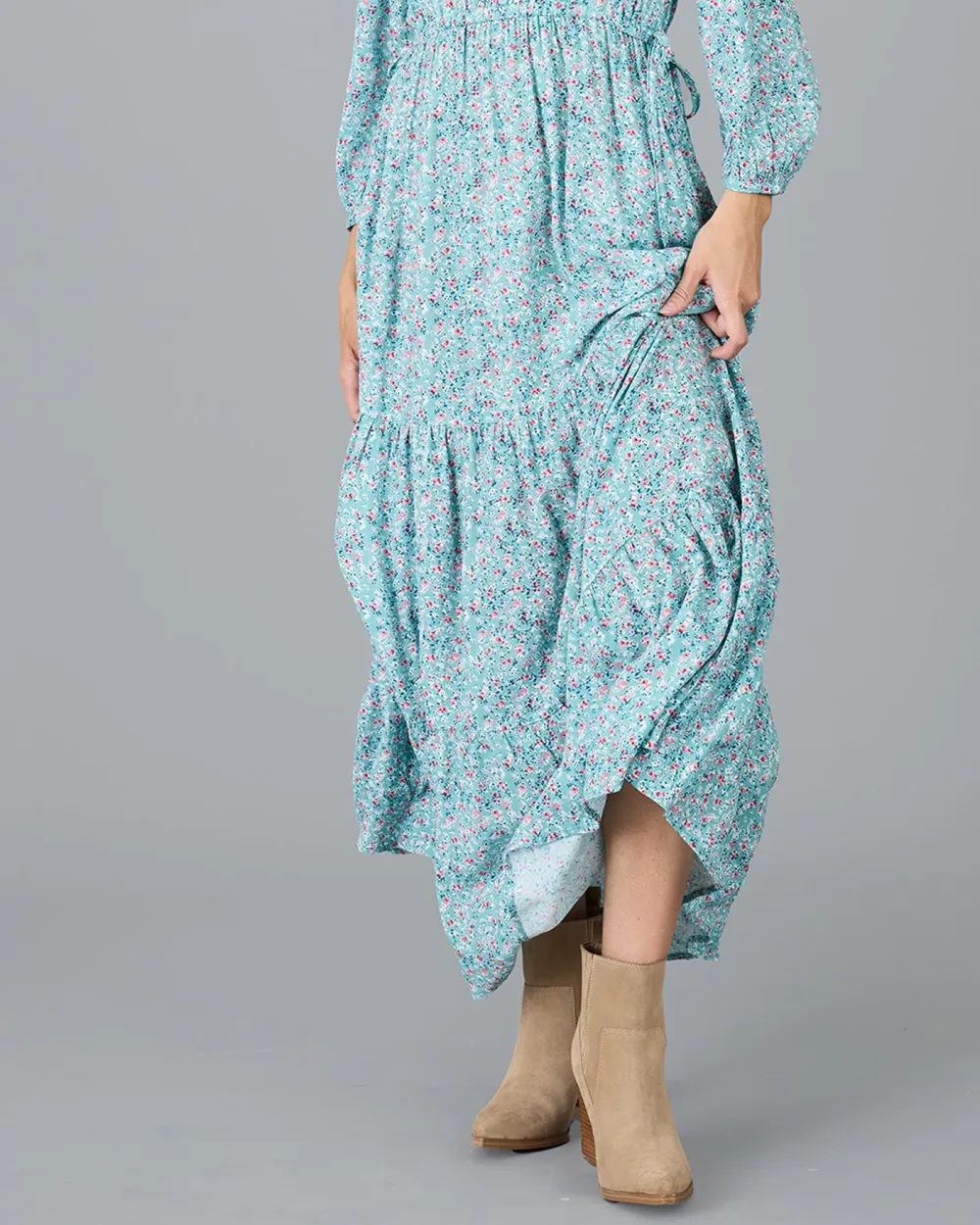 Blue Floral Print Tiered Maxi Dress