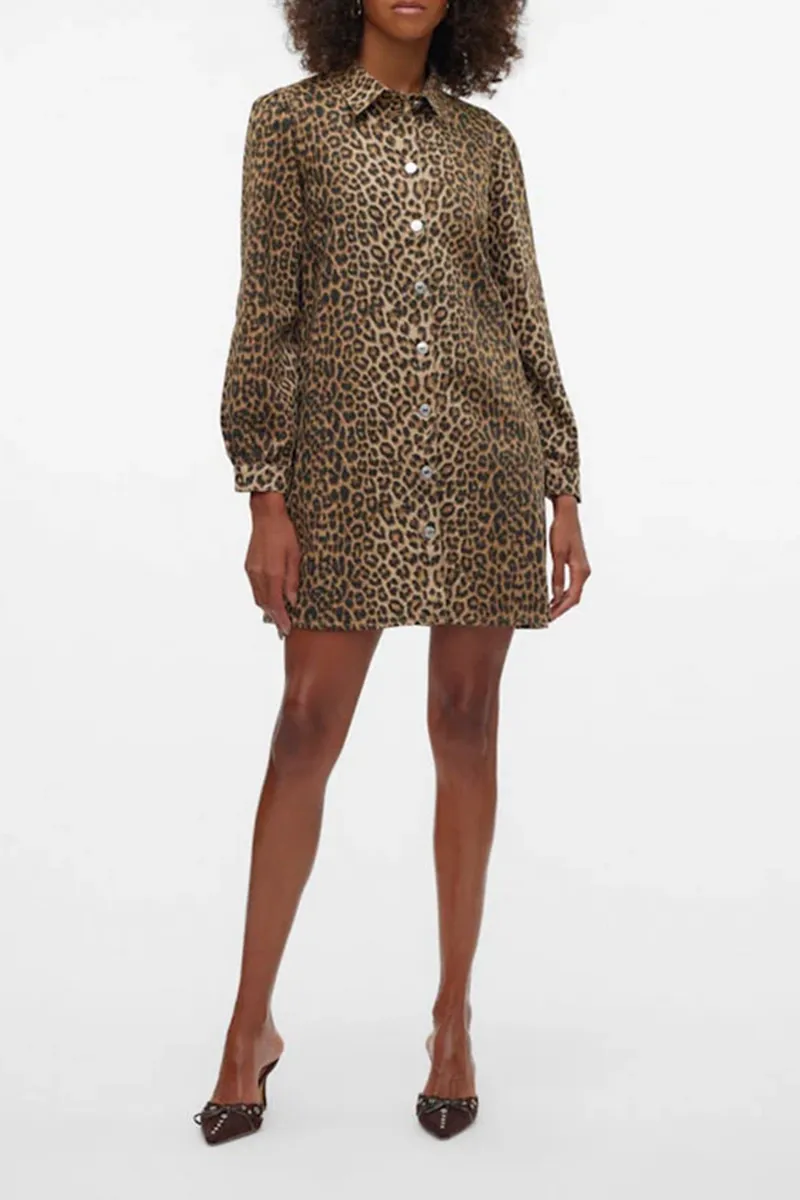 Leopard Print Shirt Collar Button Down Dresses