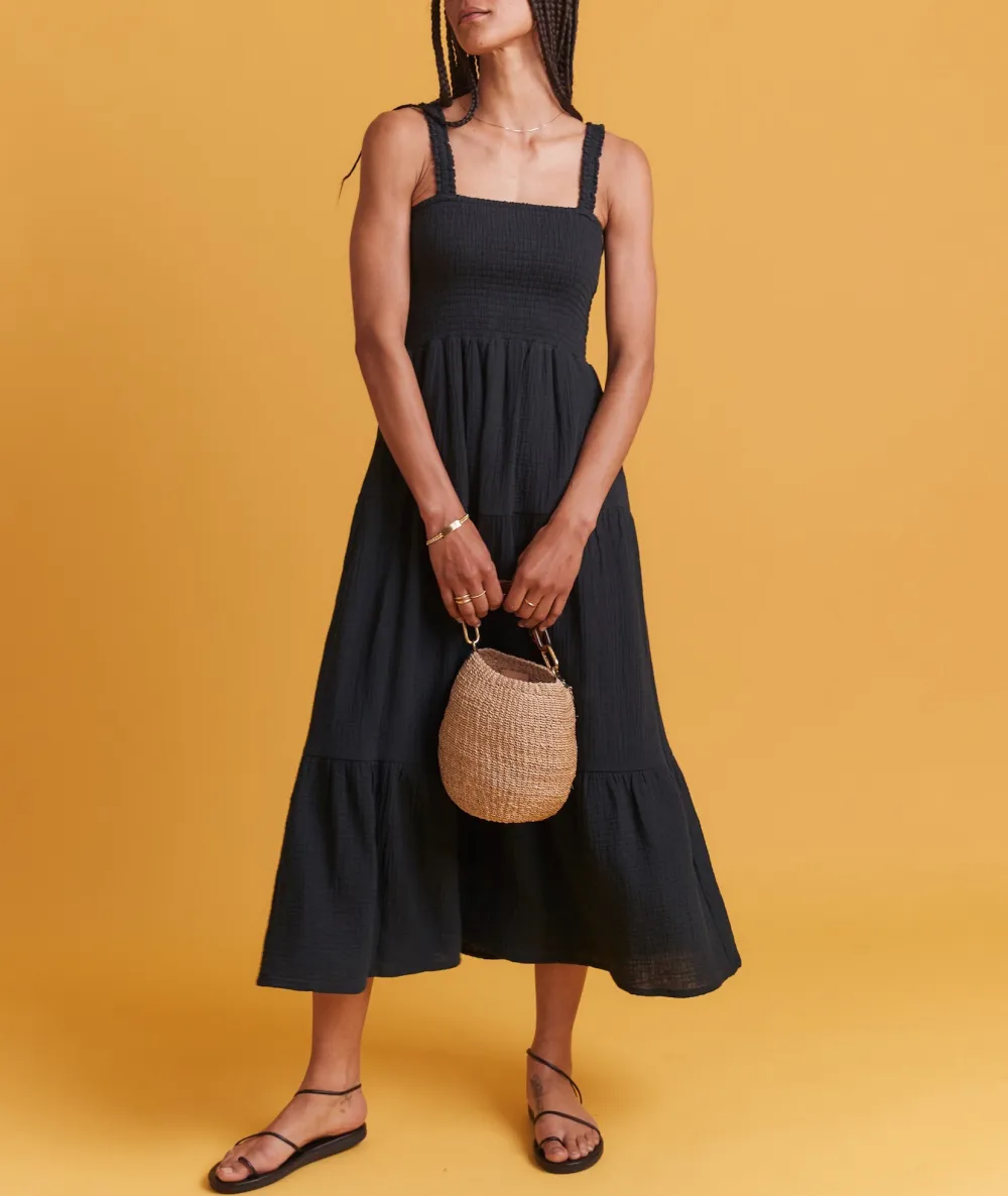 Black Strappy Smocked Maxi Dress