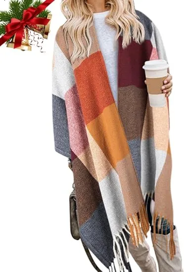 🎁Christmas Gifts🎁Women's Warm Plaid Poncho - Boho Open Front Shawl Wrap with Tassel