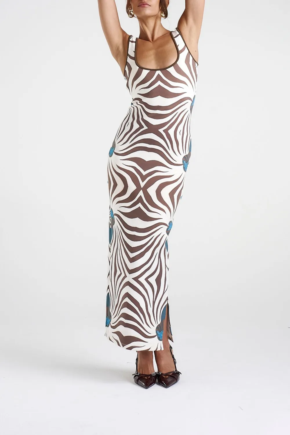 Brown Low-Neck Slimming Zebra-Print  Dresses