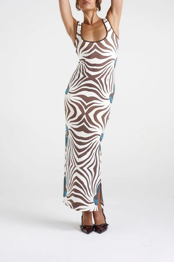 Brown Low-Neck Slimming Zebra-Print  Dresses