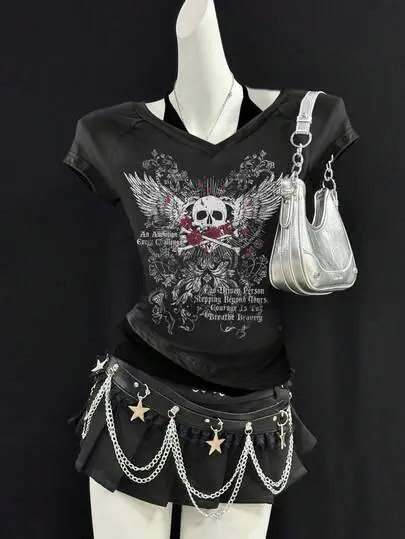 Y2K Skull Print Halter Tee