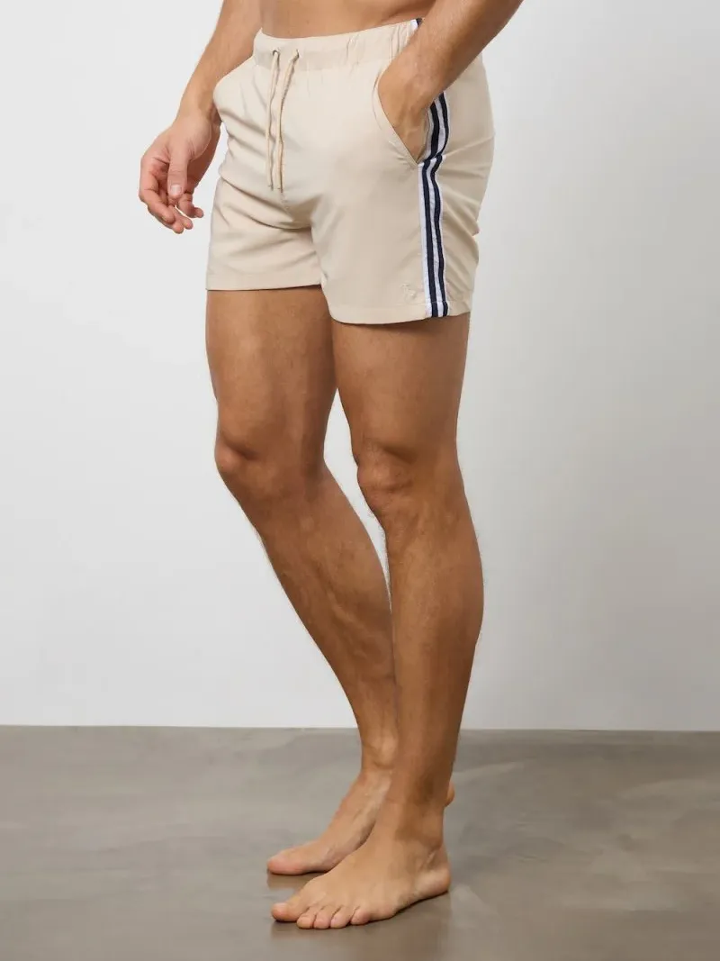 Beige Side Stripe Slim Fit Swim Shorts