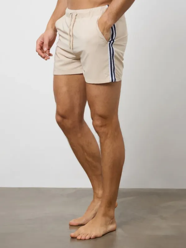 Beige Side Stripe Slim Fit Swim Shorts