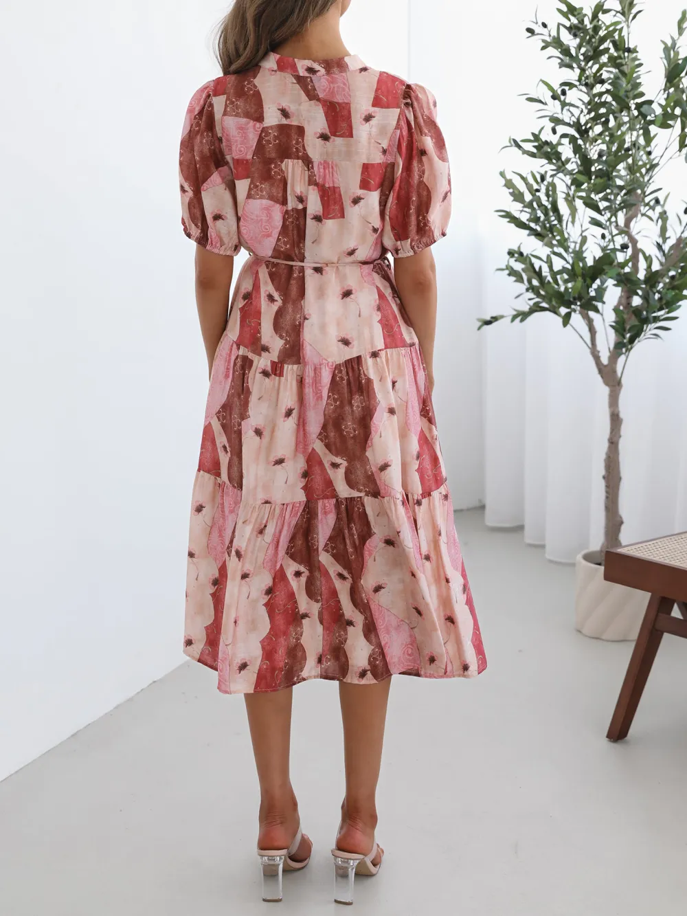 Multi Print Short Puff Sleeves Dress