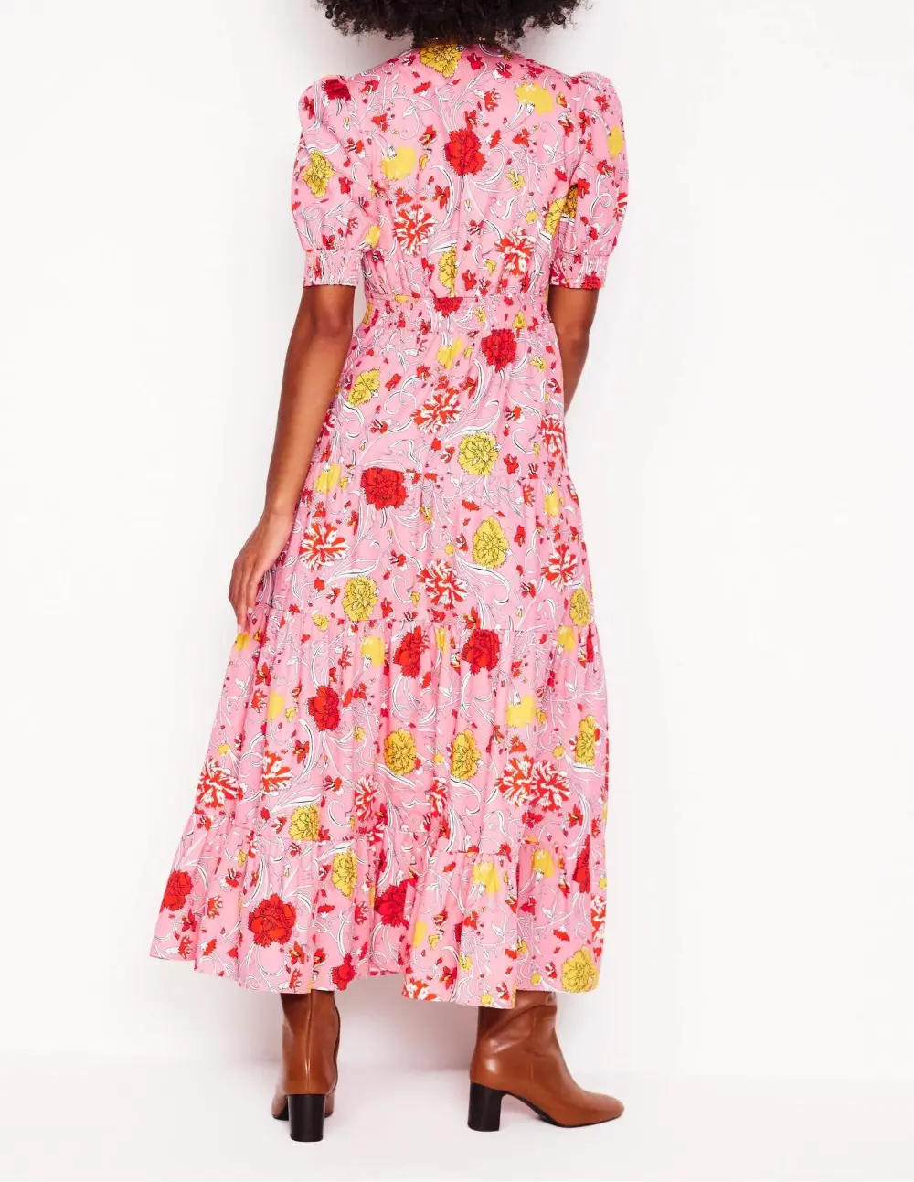 Pink and Yellow Floral Puff - Sleeve Maxi Dress