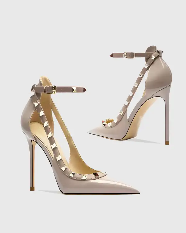 Rivet Embellished Strap Cutout Pumps in Pink