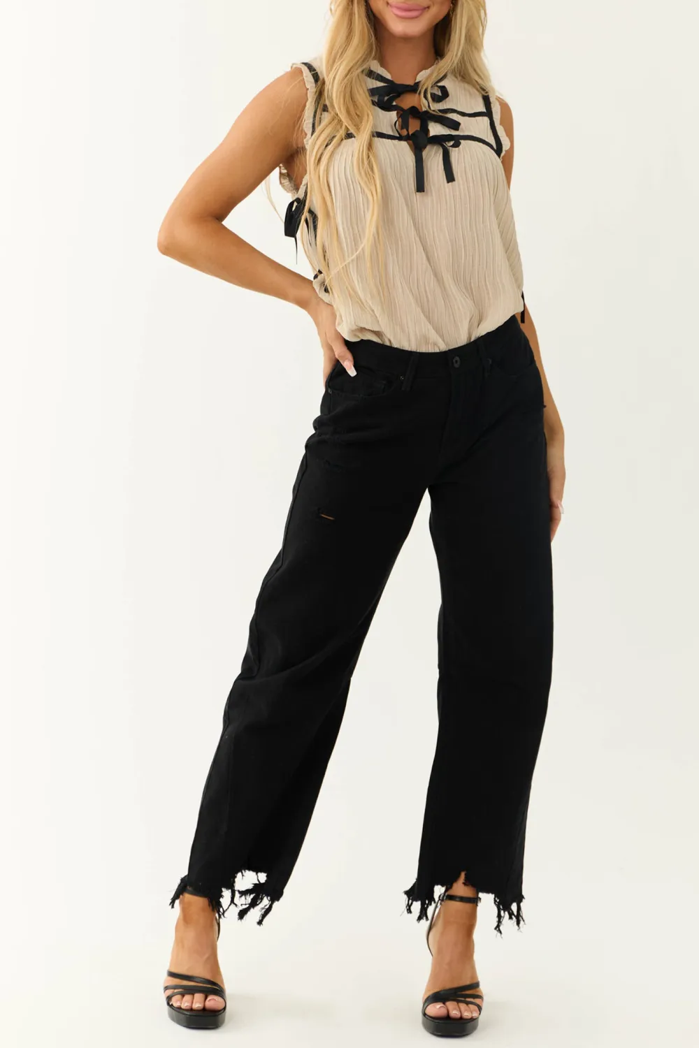 Cream Contrast Bows Plisse Sleeveless Top