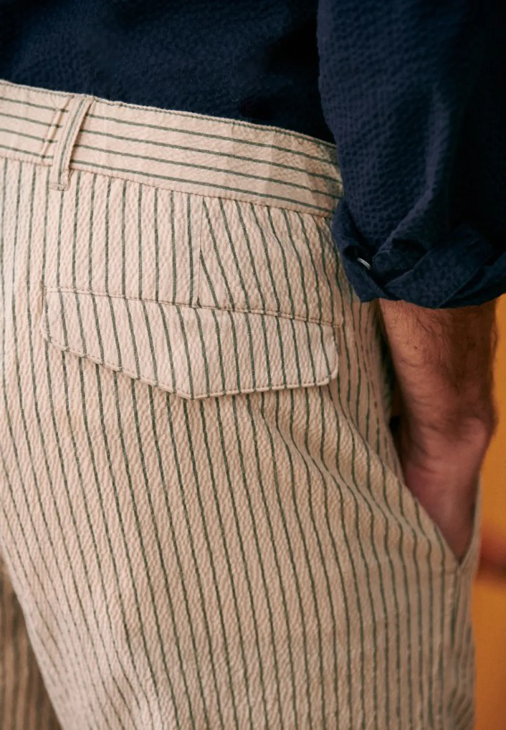 Trousers-Seersucker Beige Green Stripes