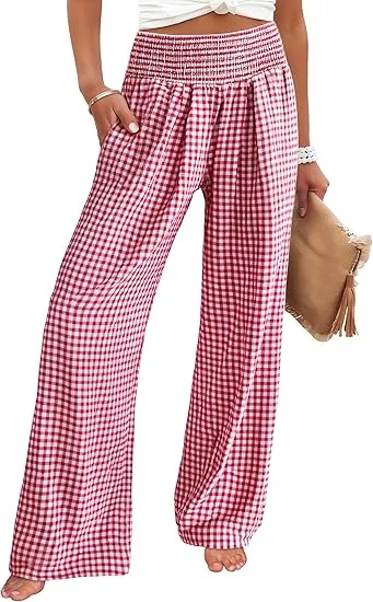 Women's High Waisted Plaid Wide Leg Pants - Lounge Pajama with Pockets