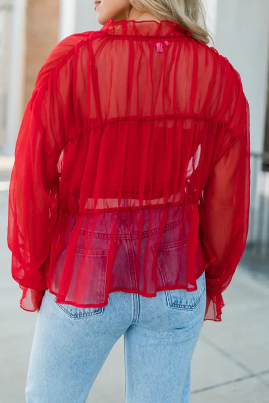 Red Sheer Ruched Blouse
