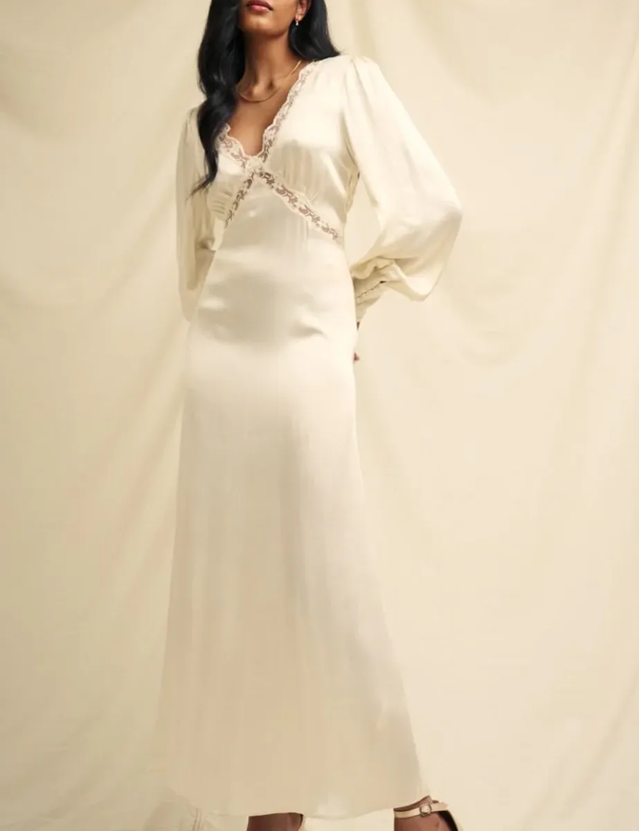 Ivory Satin Lace Trim Bridesmaid Maxi Dress