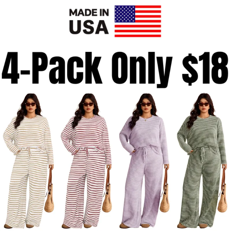 Women's Plus Size Loose Striped Long Sleeve 2pc Set