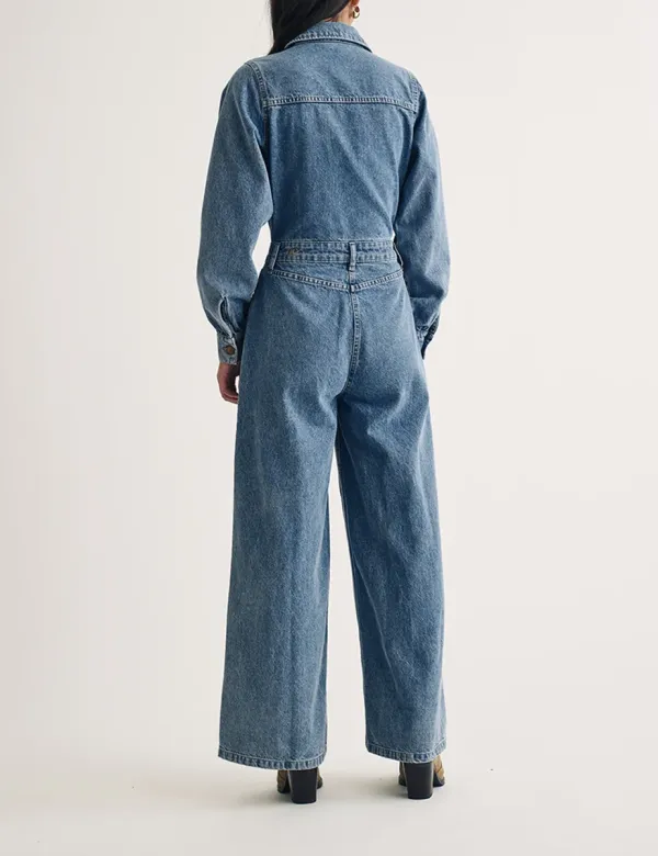 Light Wash Long Sleeve Denim Jumpsuit