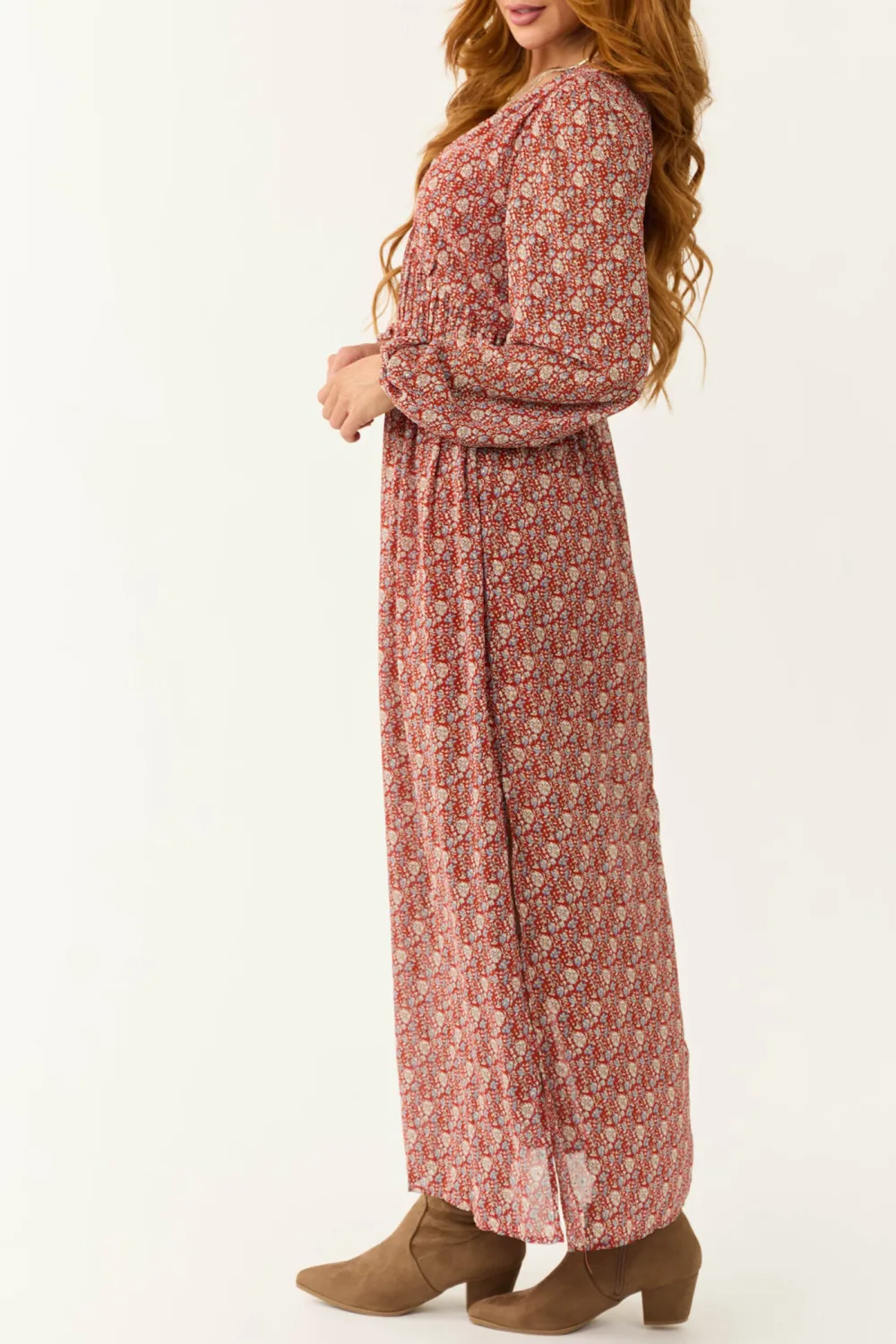 Burgundy Ditsy Floral Print Maxi Dress