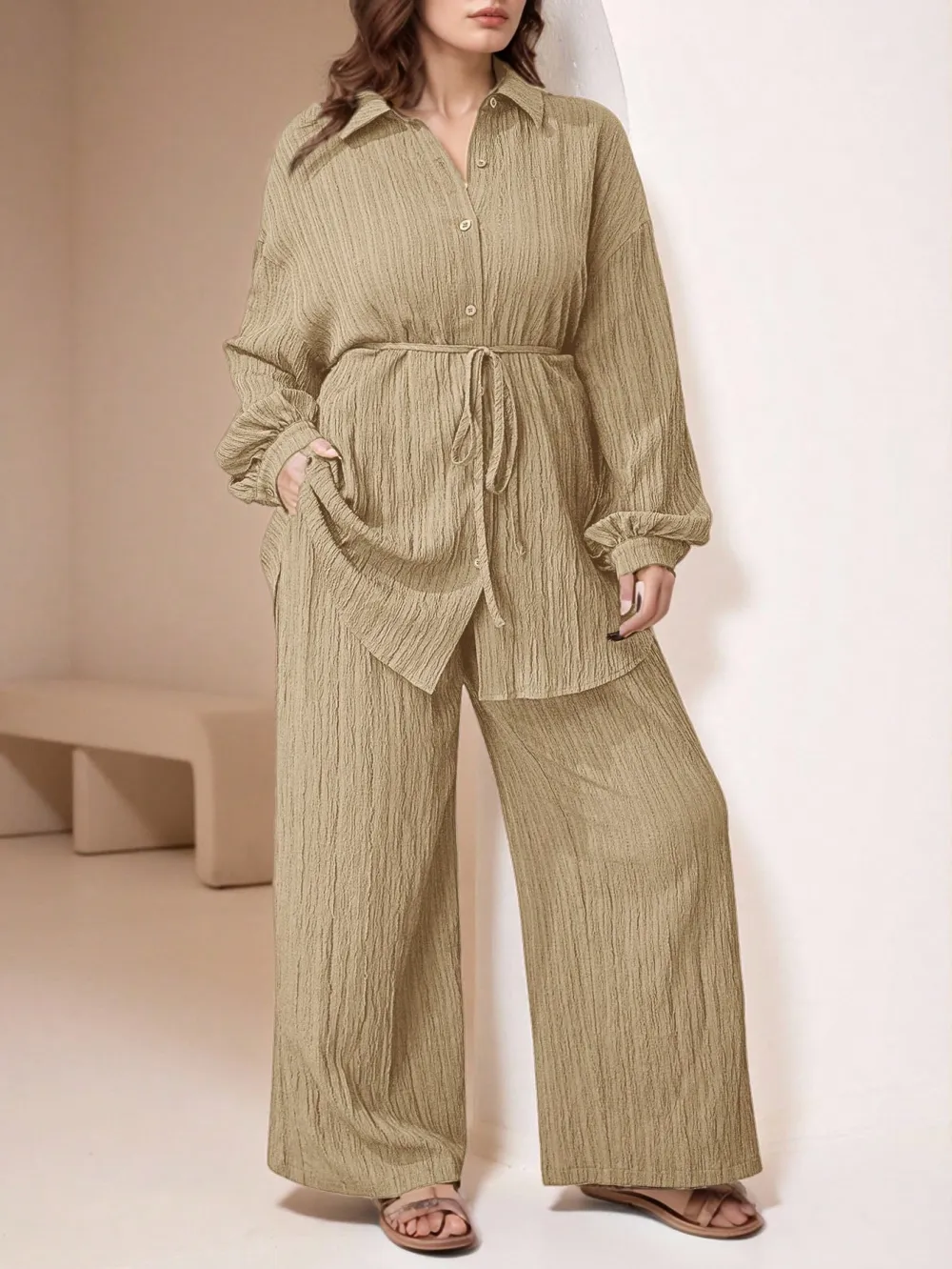 Women's Plus Size Plain Button-Up 2pc Set