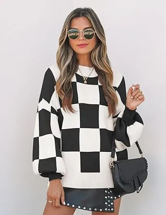 🎁Christmas Gifts🎁Fall Essential Warm Turtleneck Sweater - Plaid Ribbed Knit Loose Long Sleeve Pullover