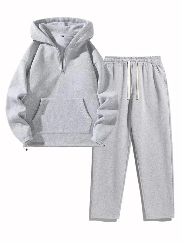 🔥Last Day Promotion 89% OFF🔥Men's Plain Drop Shoulder Sweatsuit Set - Half Zip Hoodie & Drawstring Sweatpants With Pockets