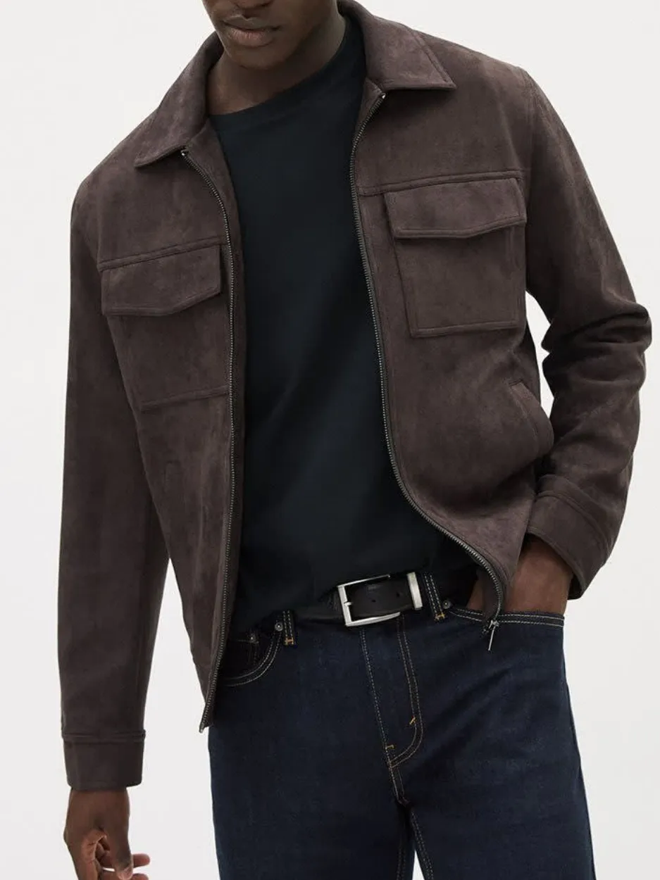 Brown Faux Suede Jacket with Shirt Collar