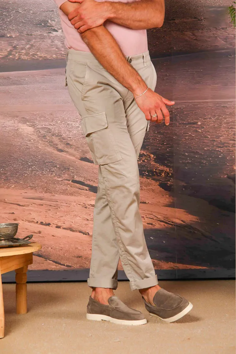 Men's Light Beige Stretch Cotton Slim Fit Large Pocket Overalls