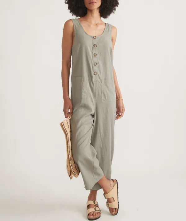 Button-Front Sleeveless Linen Jumpsuit