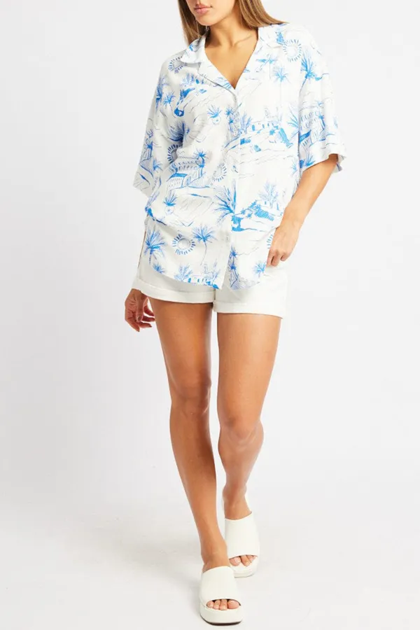 Blue Abstract Relaxed Shirt Short Sleeve Linen Blend