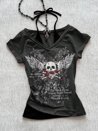 Y2K Skull Print Halter Tee