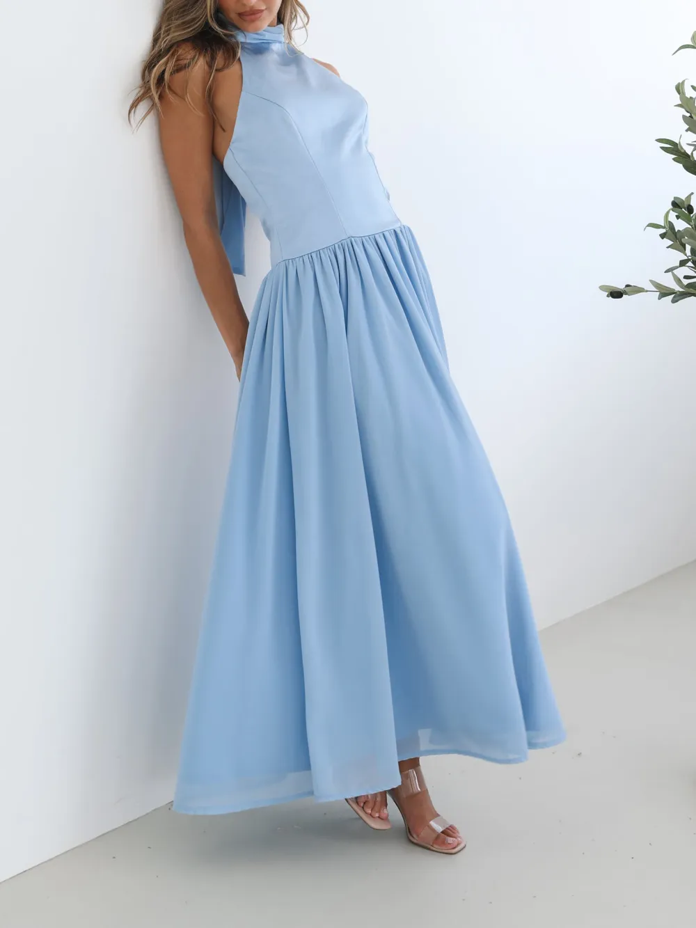 Blue Casual Style Halter Neckline Dress