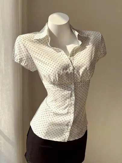Polka Dot Collared Short Sleeve Shirt