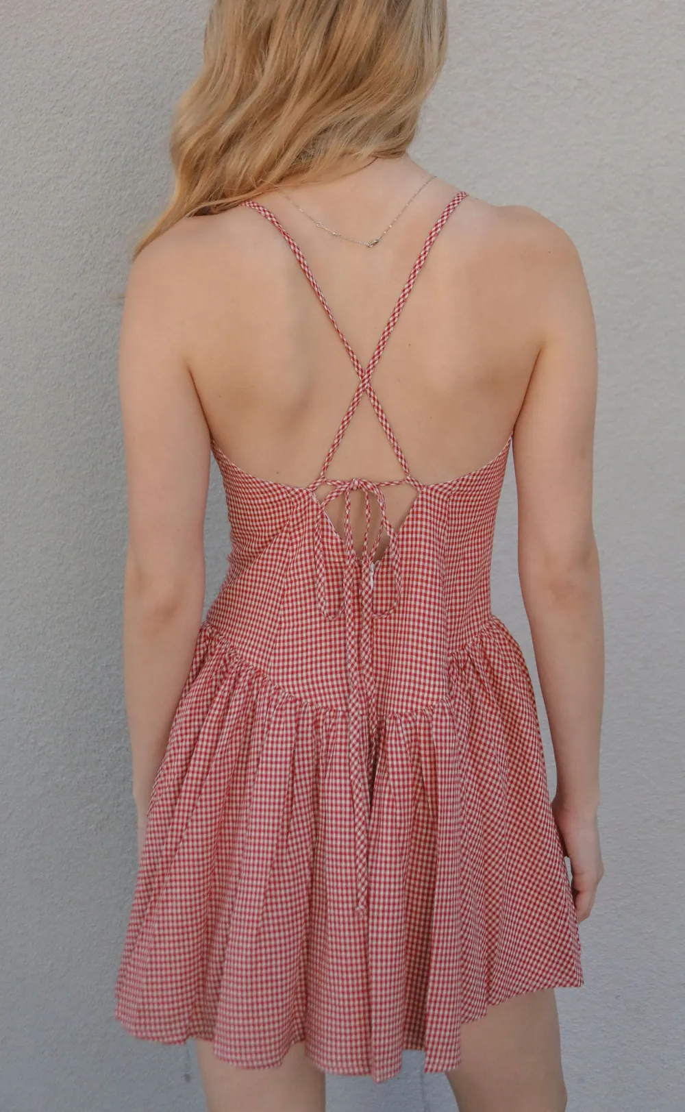 Red Gingham V Neck Ruffled Dress
