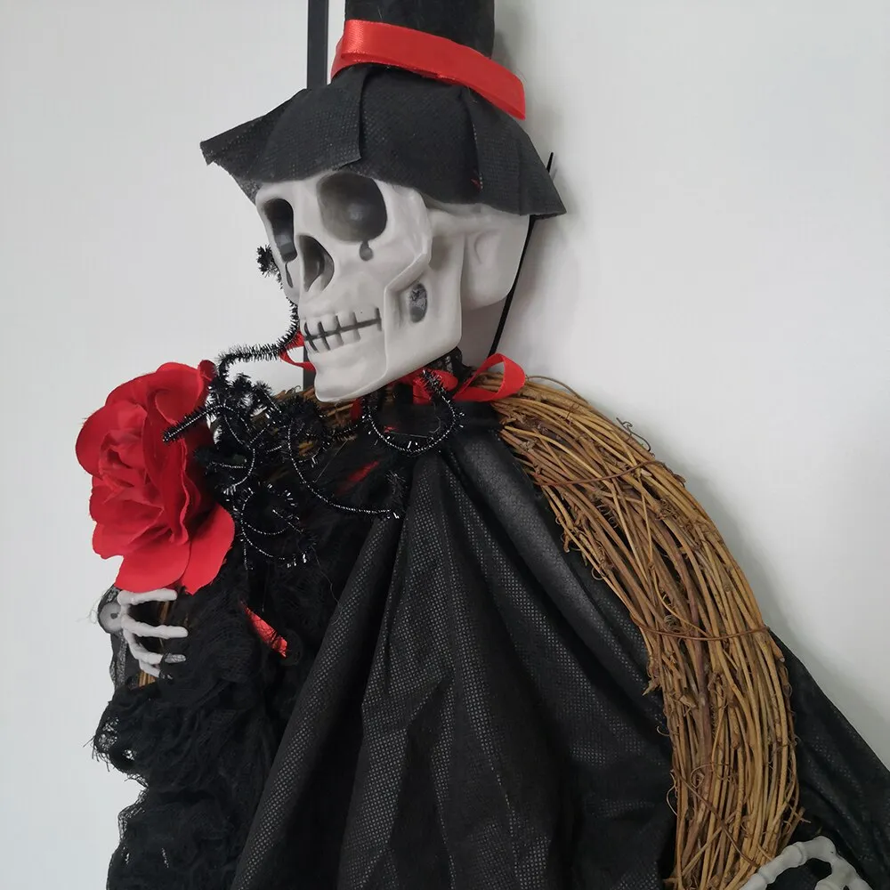 90cm Halloween Hanging Skull Black White Rattan Wreath Haunted House Props Horror Party Halloween Decoration Home Outdoor 2022