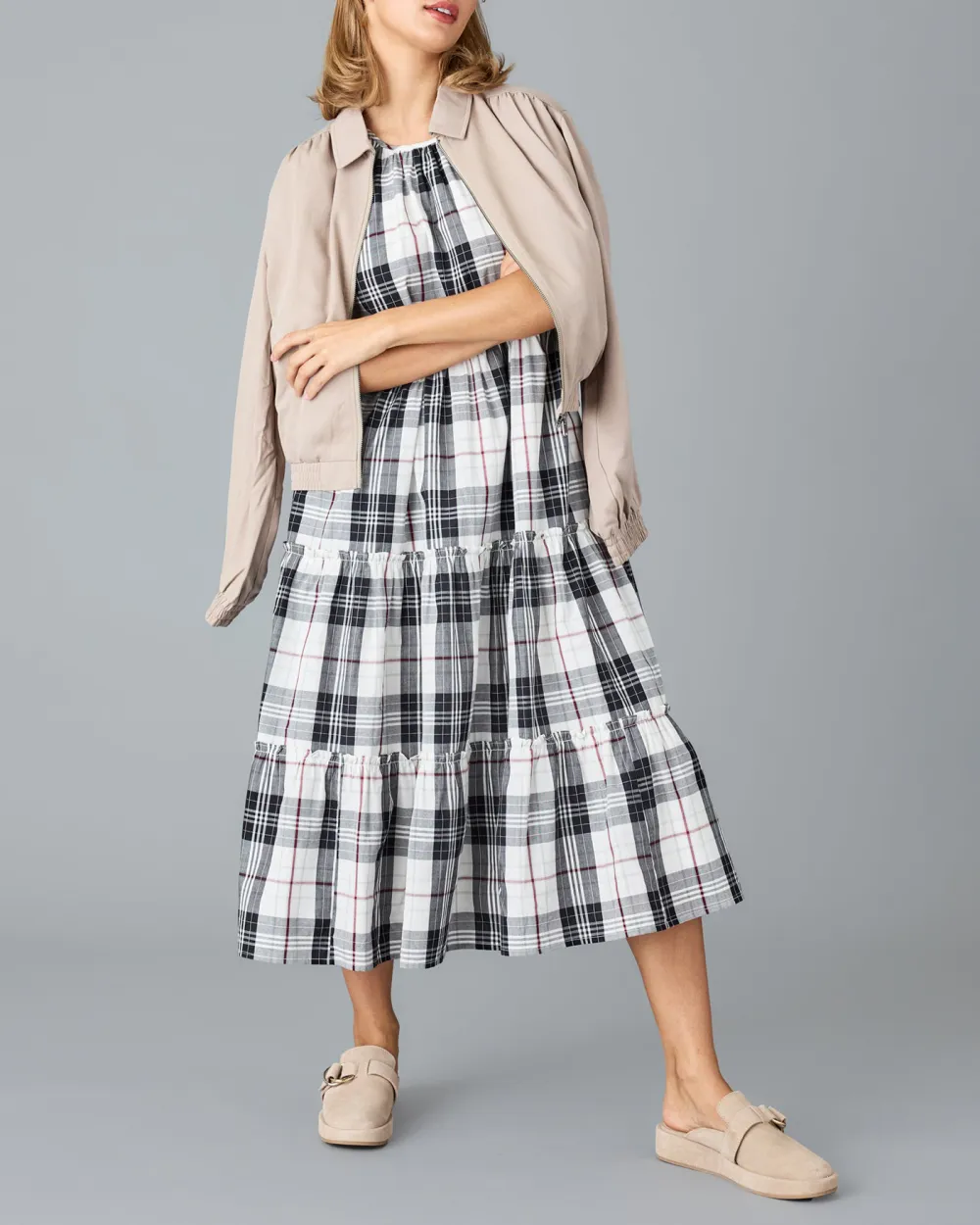 Black And White Plaid Midi Dress