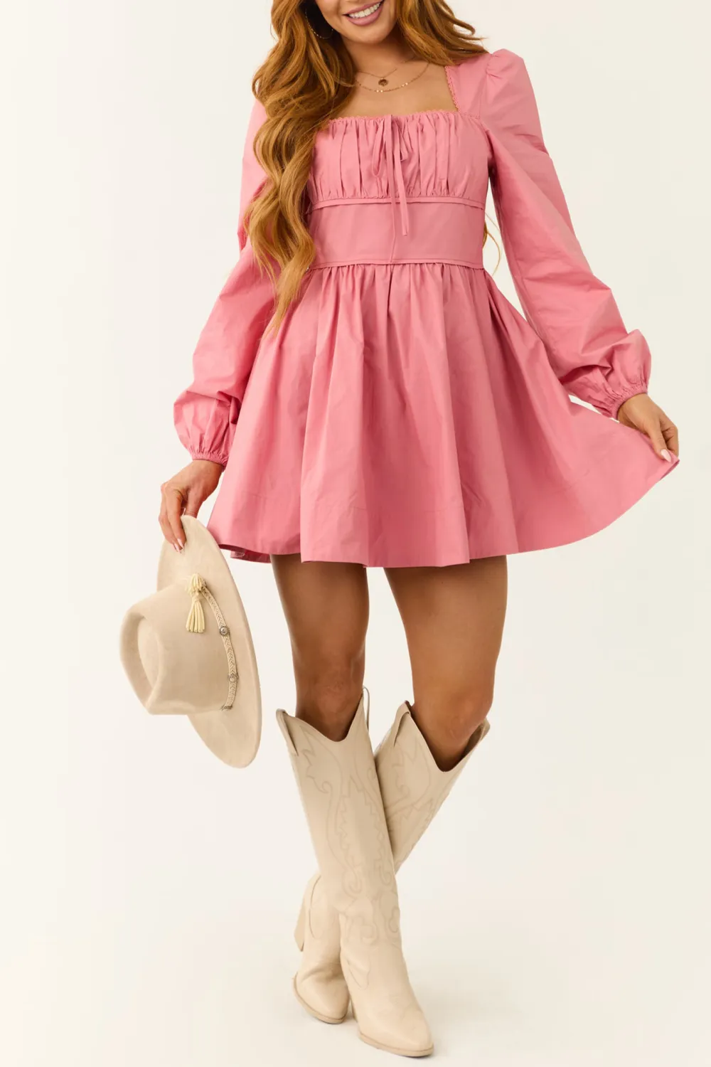 Light Punch Long Sleeve Tie Front Short Dress