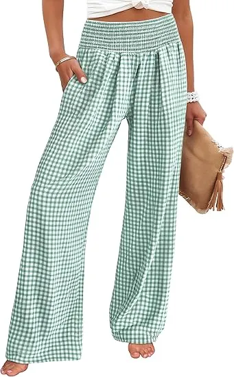 Women's High Waisted Plaid Wide Leg Pants - Lounge Pajama with Pockets