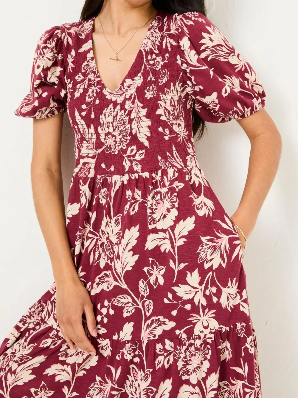 Burgundy Red Floral Short Sleeve Midi Dress