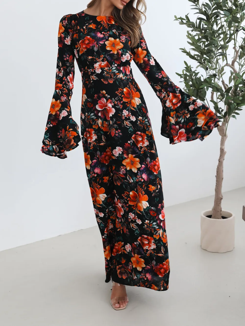 Black Straight Neckline Floral Dress