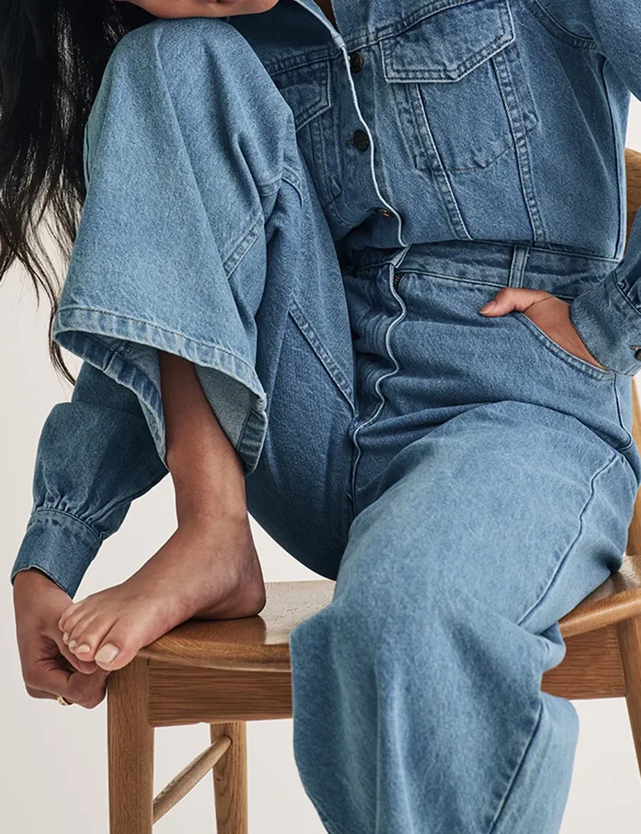 Light Wash Long Sleeve Denim Jumpsuit