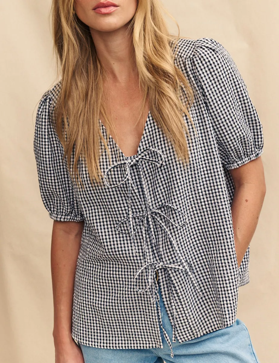 Black Gingham Tie Front Blouse