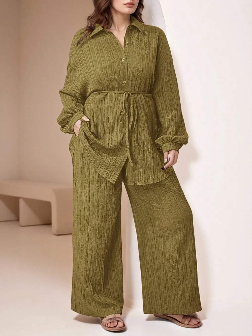 Women's Plus Size Plain Button-Up 2pc Set