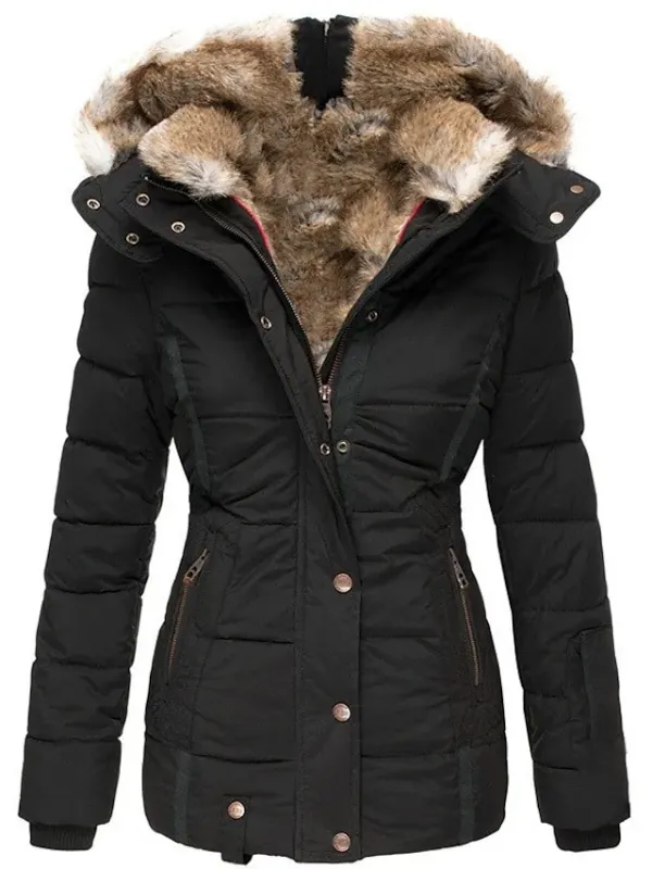 Women's Winter Parka Fleece Lined Puffer Jacket with Hood Pink Zipper Warm Coat with Pocket Active Comfortable Street Style Outerwear Long Sleeve