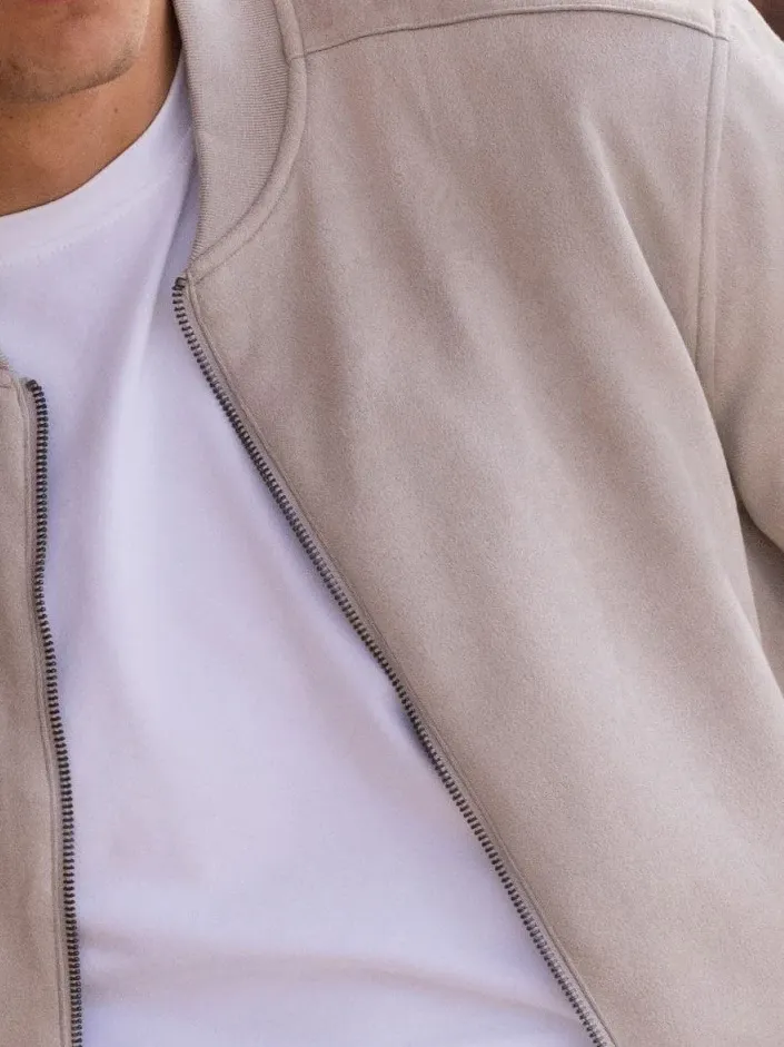 Stone Suede Daily Leisure Bomber Jacket